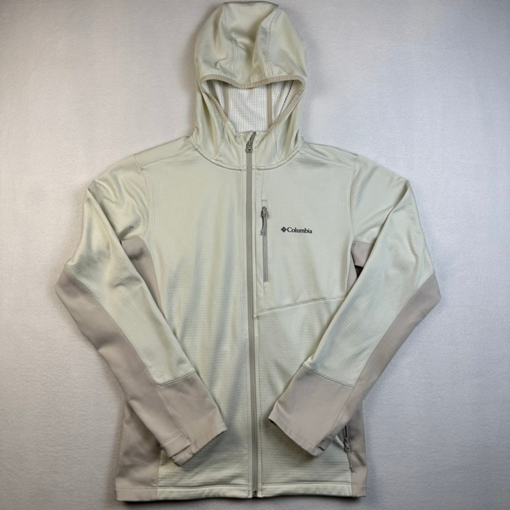Columbia Full Zip Hoodie Mens M Cream Waffle Knit Fleece Outdoor Active Gorpcore